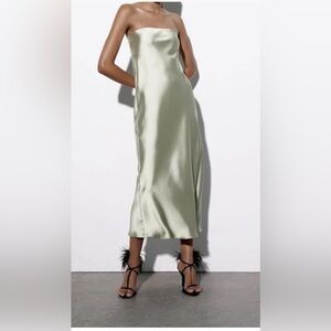 NWT Zara Midi Off Shoulder Strapless Satin Dress - Pistachio Medium